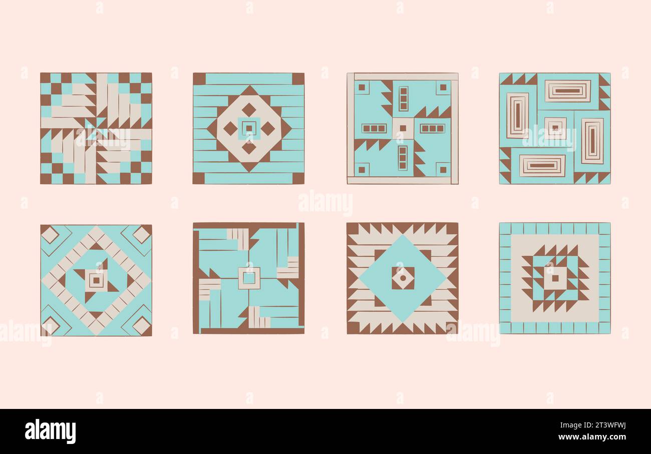 Set di ornamenti etnici indiani d'america. Aztec, tribale navajo, striscia quadrata geometrica. Illustrazione Vettoriale