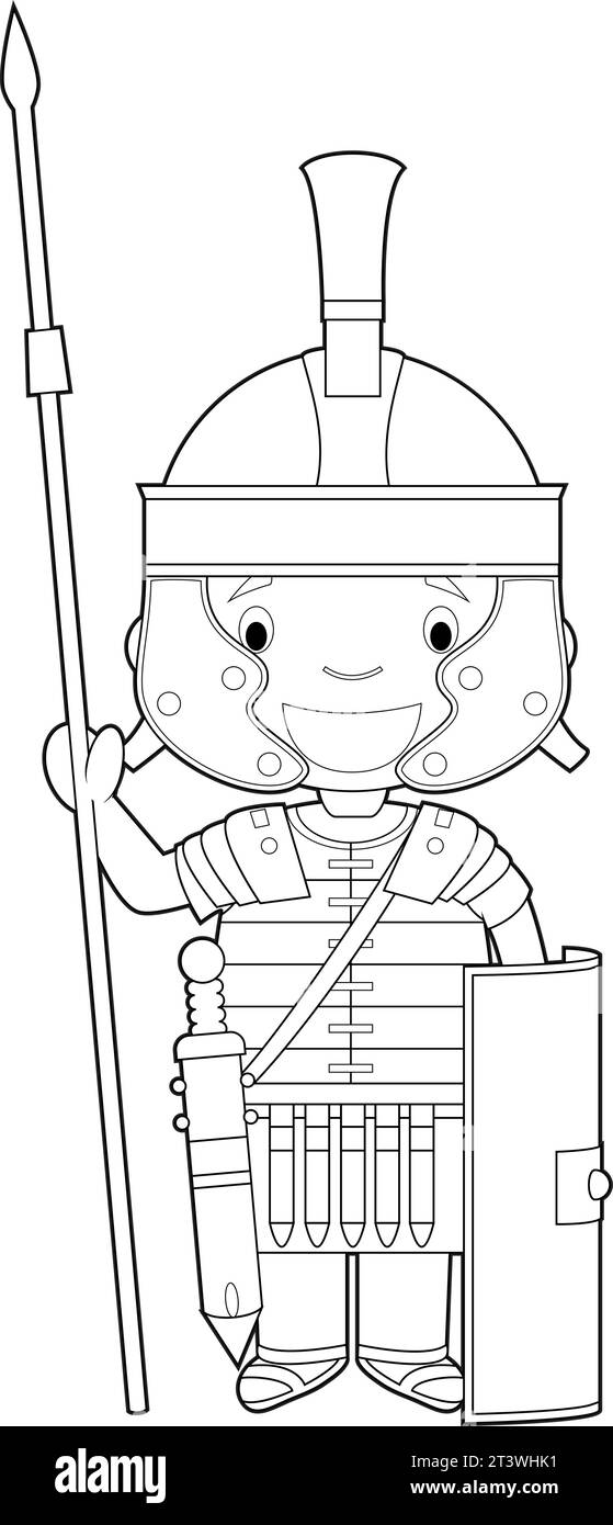 Personaggio italiano dei cartoni animati dai colori semplici, vestito in modo tradizionale come un legionario romano. Illustrazione vettoriale. Illustrazione Vettoriale