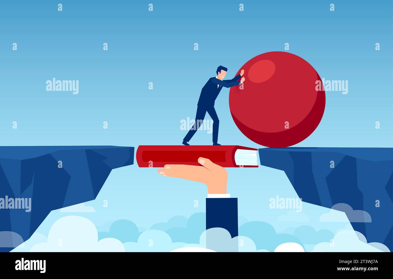 Il vettore di un uomo d'affari spinge la sfera rossa attraverso il ponte del libro di un vuoto, superando le difficoltà. Concetto di strategia vincente, efficienza e a le Illustrazione Vettoriale