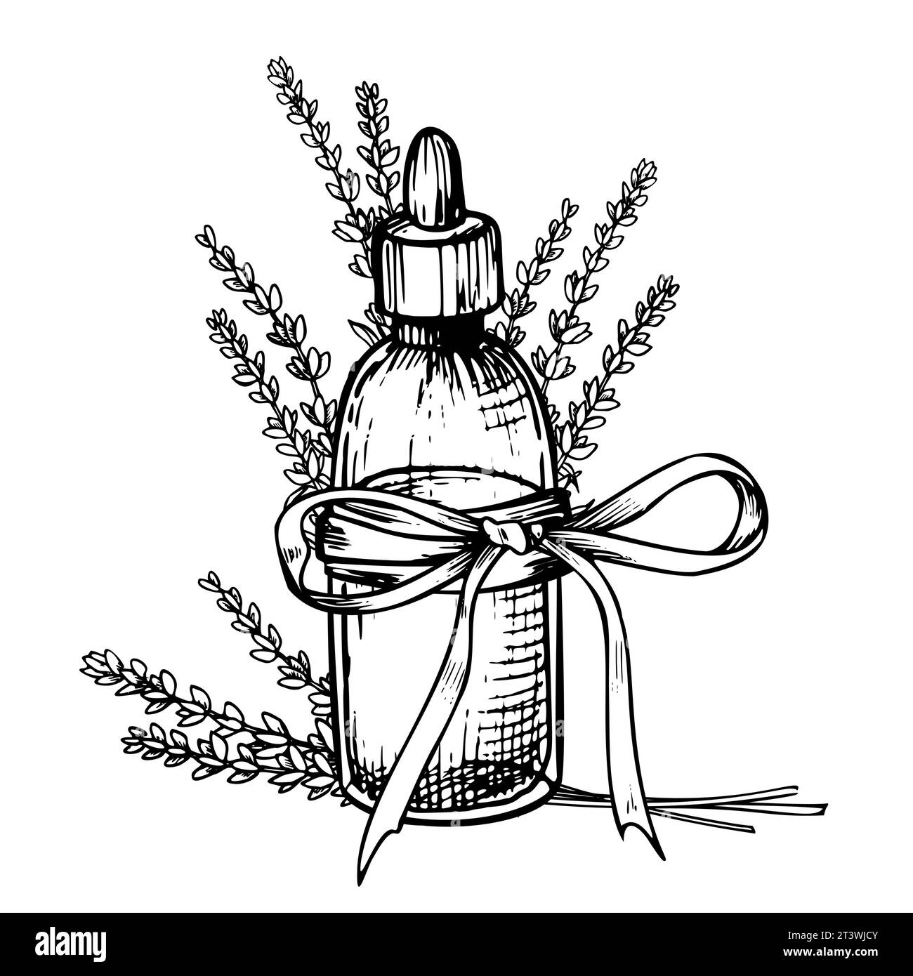 Olio essenziale di lavanda. Illustrazione vettoriale lineare disegnata a mano di bottiglia vintage per aromaterapia nei colori bianco e nero. Disegno di vecchio Flacon con fiori per medicina cosmetica o alternativa. Illustrazione Vettoriale