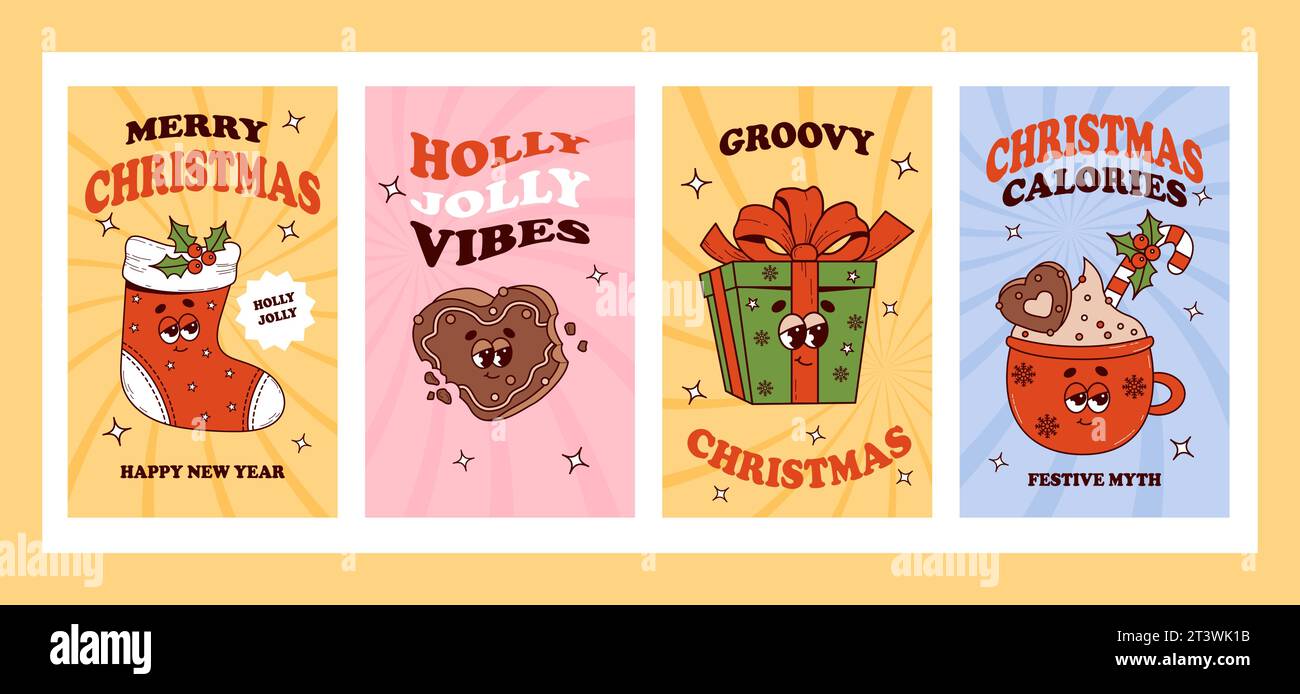 I poster di Natale di Groovy impostano il vettore. Personaggi dei cartoni animati retrò, cuore di pan di zenzero, calza di Natale, regalo e tazza di cioccolata calda rossa. Poster di Capodanno Vibes. TR Illustrazione Vettoriale