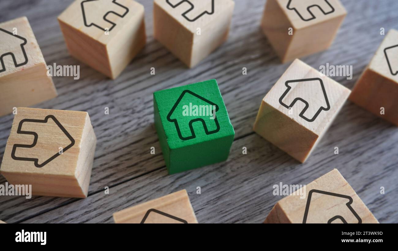 Blocchi di legno con l'icona della casa. Immobili, proprietà, trovare e comprare un concetto di casa giusta. Foto Stock