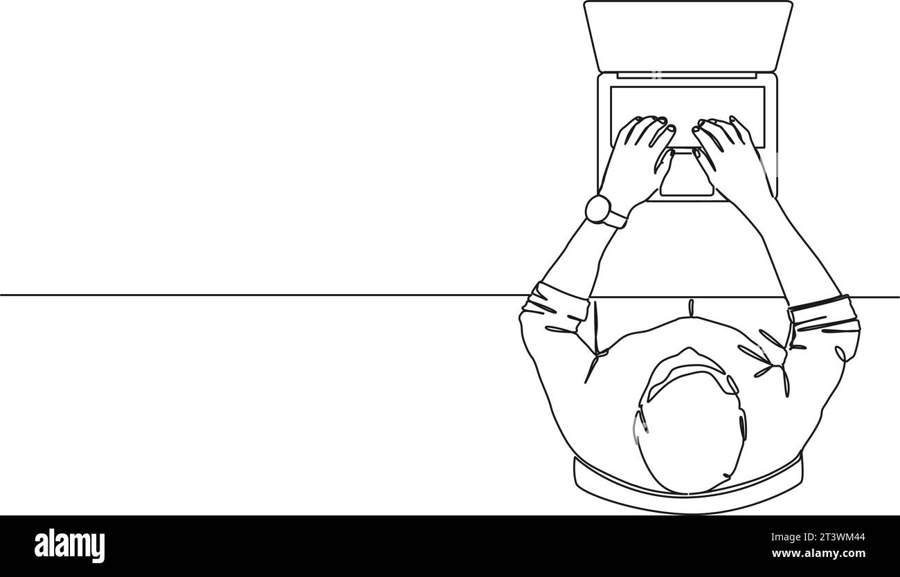 disegno continuo a riga singola di un uomo seduto alla scrivania utilizzando un computer portatile, illustrazione vettoriale line art Illustrazione Vettoriale