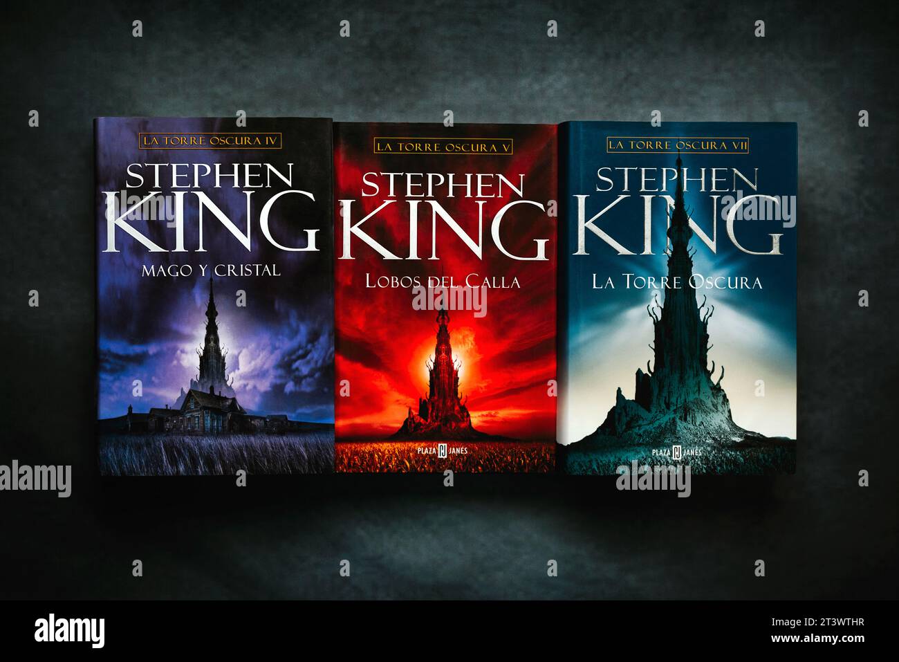 Libri in spagnolo dalla serie Dark Tower dello scrittore americano Stephen King su sfondo grunge Foto Stock