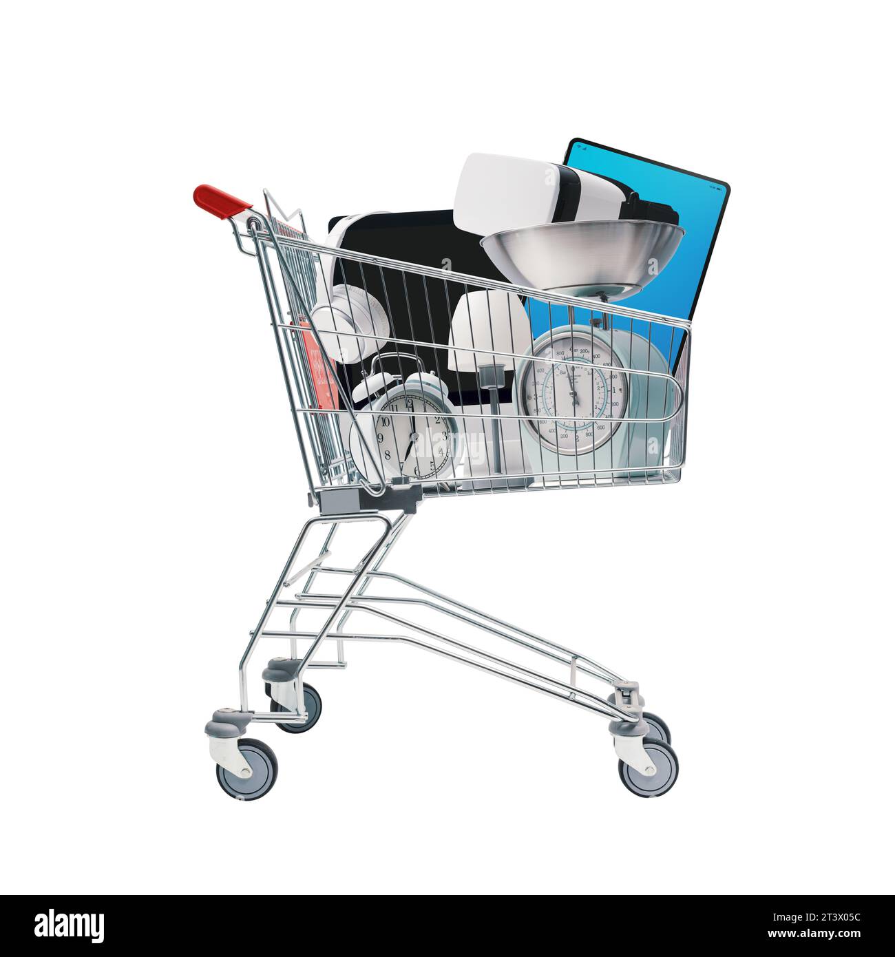 Carrello pieno di elettrodomestici ed elettronica: Shopping, vendita e concetto di vendita al dettaglio Foto Stock