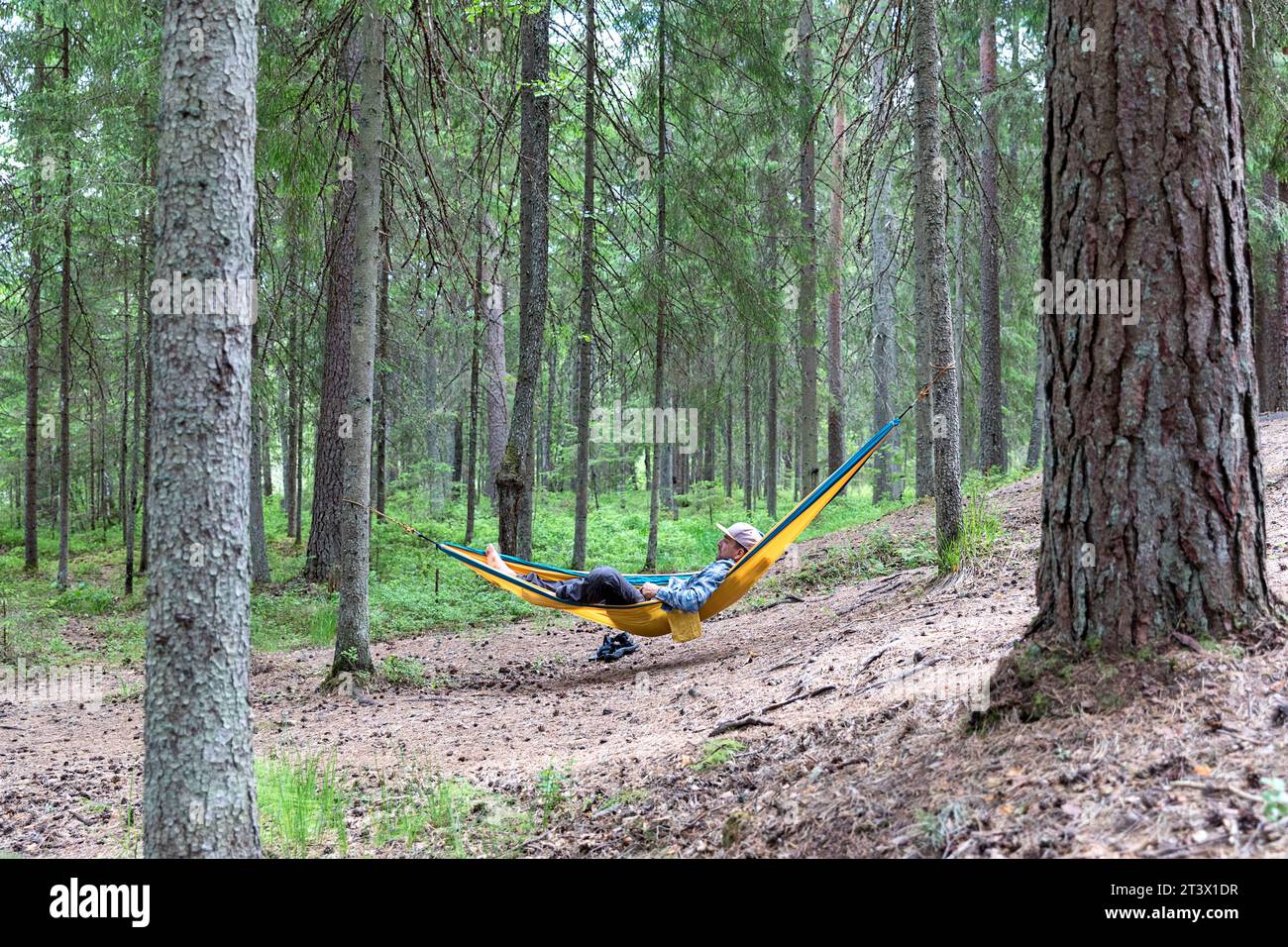 Un uomo, turista, che si rilassa in un'amaca in una foresta in Estonia, mentre fa escursioni e campeggi nella natura selvaggia estone, in Estonia, in Europa Foto Stock