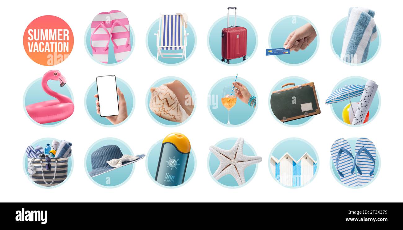 Vacanze estive, viaggi e spiagge icone isolate Foto Stock