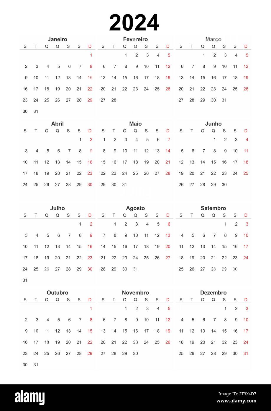 Calendario portoghese 2024, elemento di design semplice per organizzatori, pianificatori, diario, agenda Foto Stock