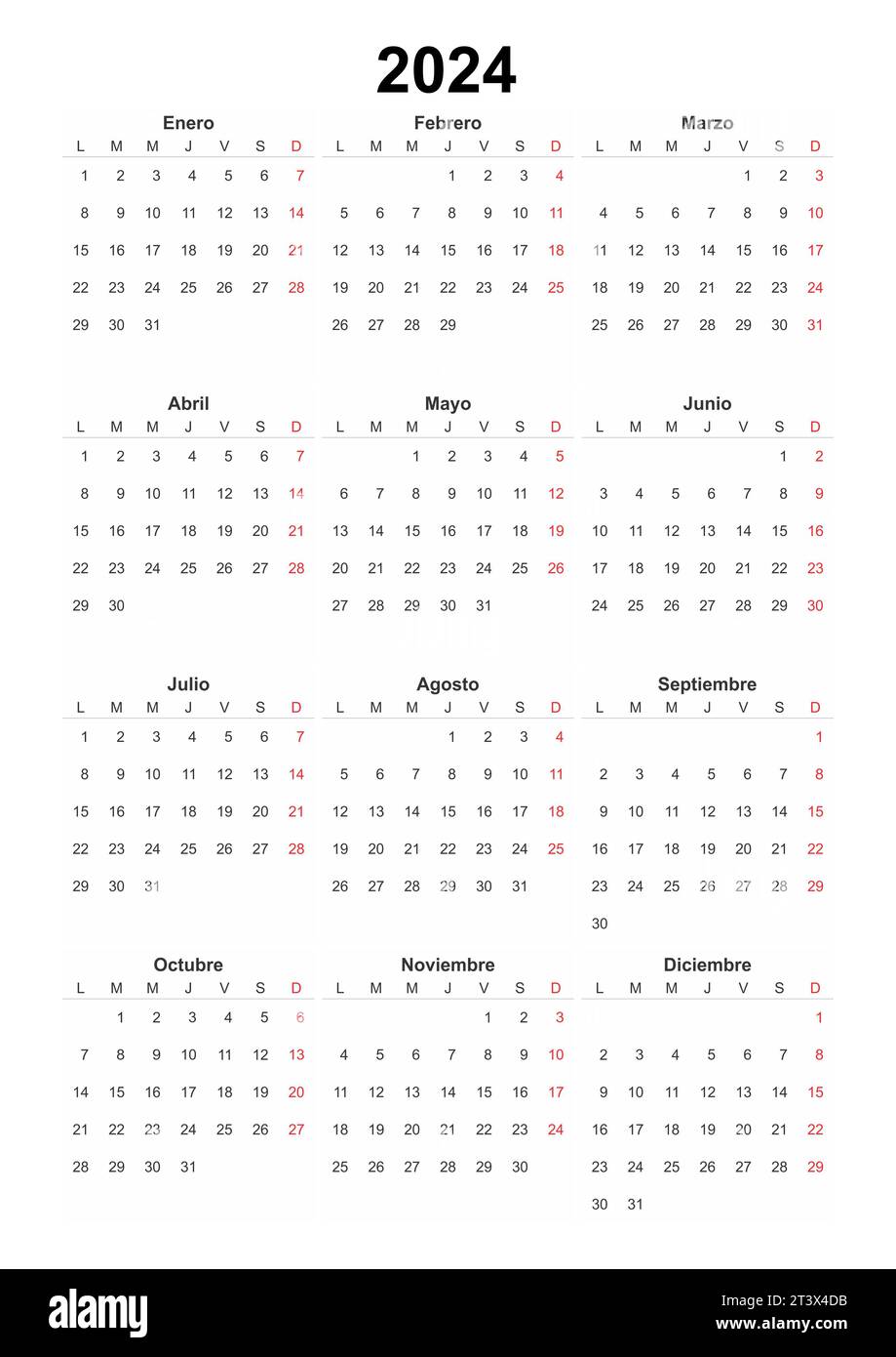 calendario spagnolo 2024, elemento di design semplice per organizzatori, pianificatori, diario, agenda Foto Stock