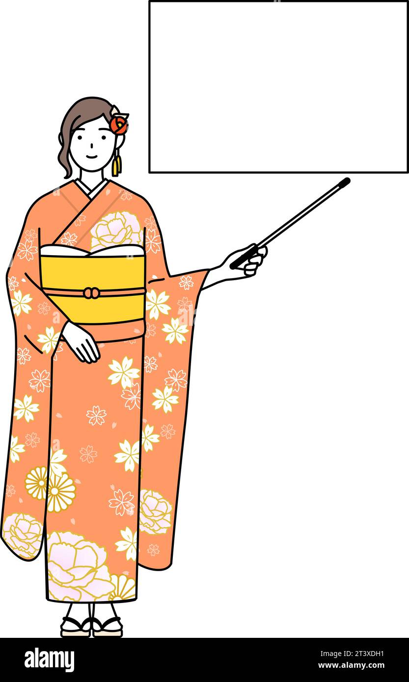 Hatsumode durante le cerimonie di Capodanno e di maturità, le cerimonie di laurea, i matrimoni, ecc., donna in furisode che indica una lavagna con un indice Illustrazione Vettoriale