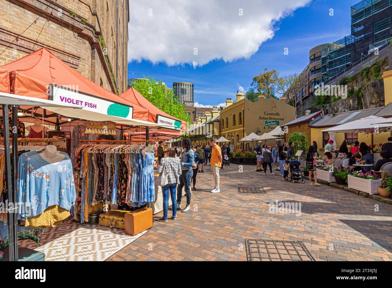 Bancarelle al Rocks Markets, The Rocks, Sydney, NSW, Australia Foto Stock