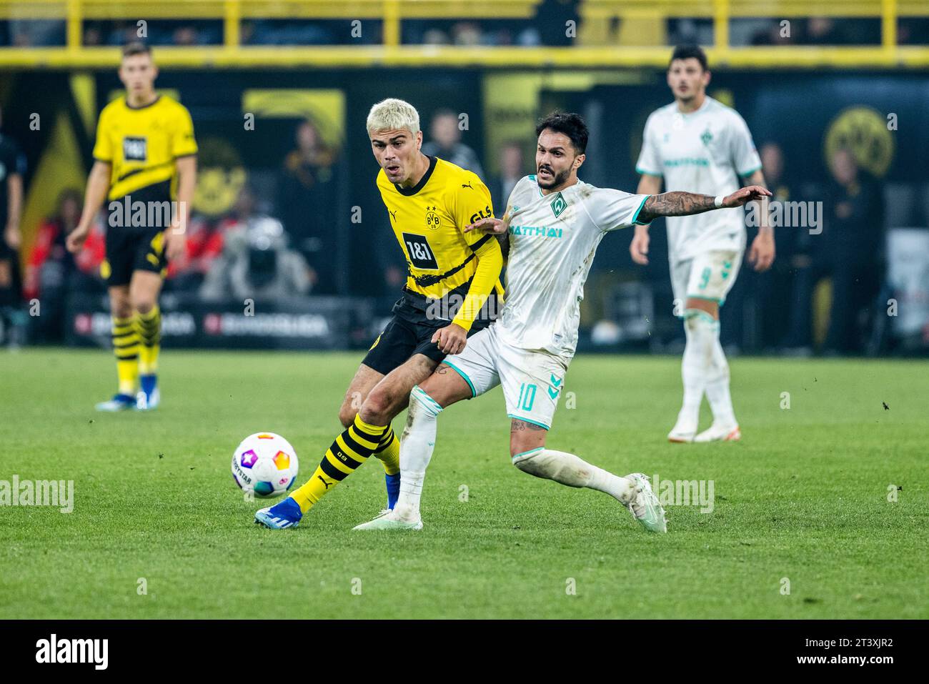 Dortmund, Signal-Iduna-Park, 20.10.23: Giovanni Reyna (Dortmund) (L) gegen Leonardo Bittencourt (Brema) am Ball beim 1. Bundesliga Spiel Borussia Dor Foto Stock