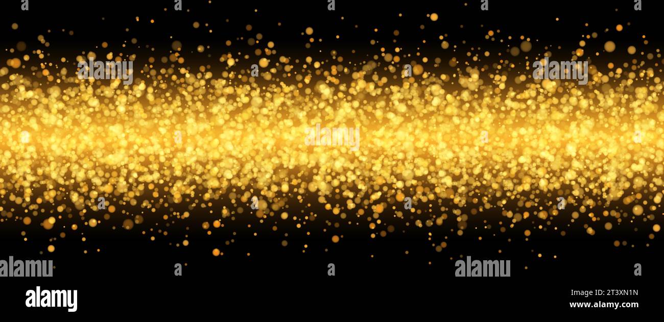 Stelle e particelle d'oro brillanti su sfondo nero. Polvere di stelle, scintille luminose. Illustrazione Vettoriale