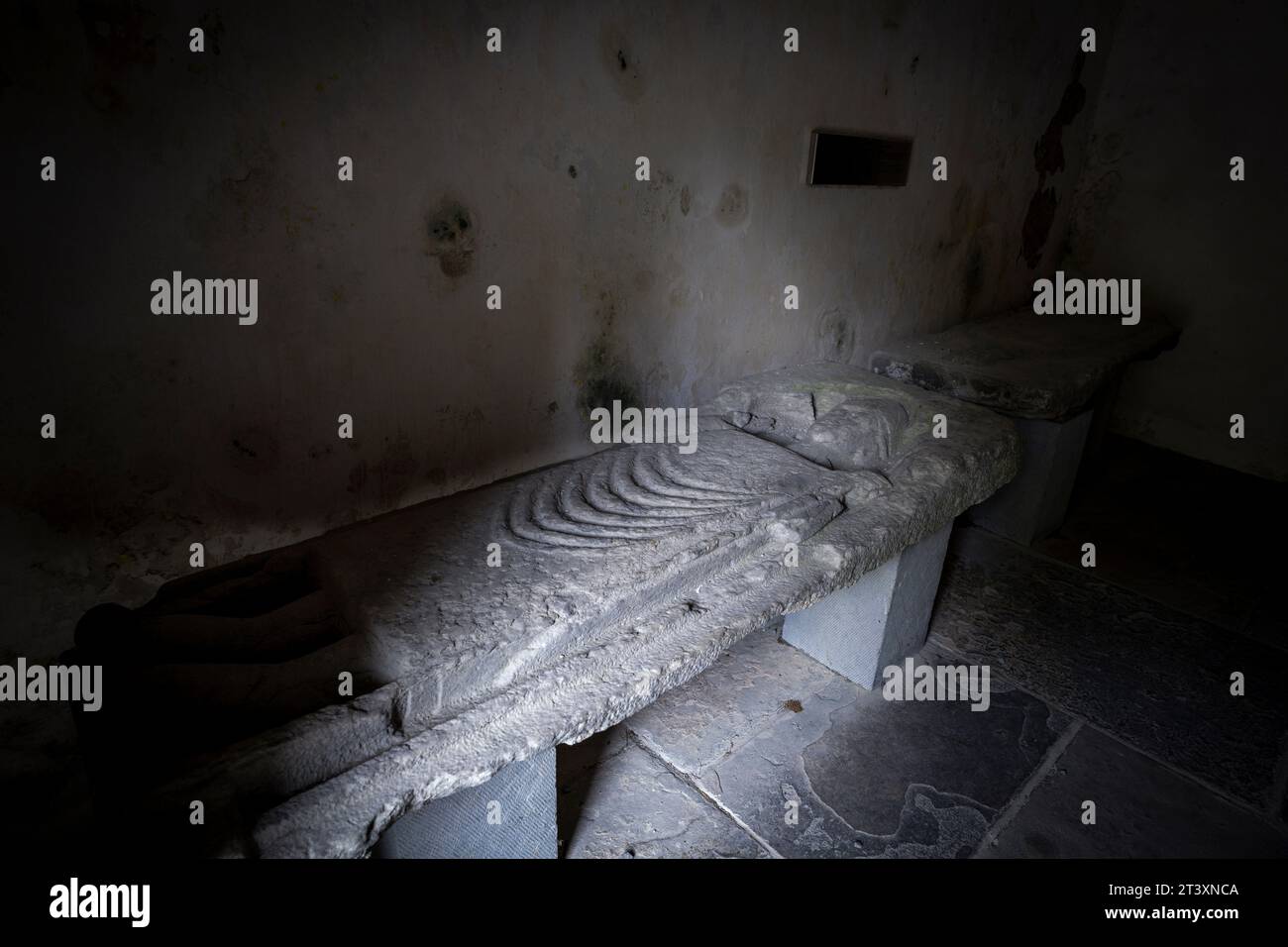 Tomba medievale effigie, Kilfenora Medieval Cathedral (Saint Fachtnanrsquo),The Burren, County Clare, Irlanda, Regno Unito. Foto Stock