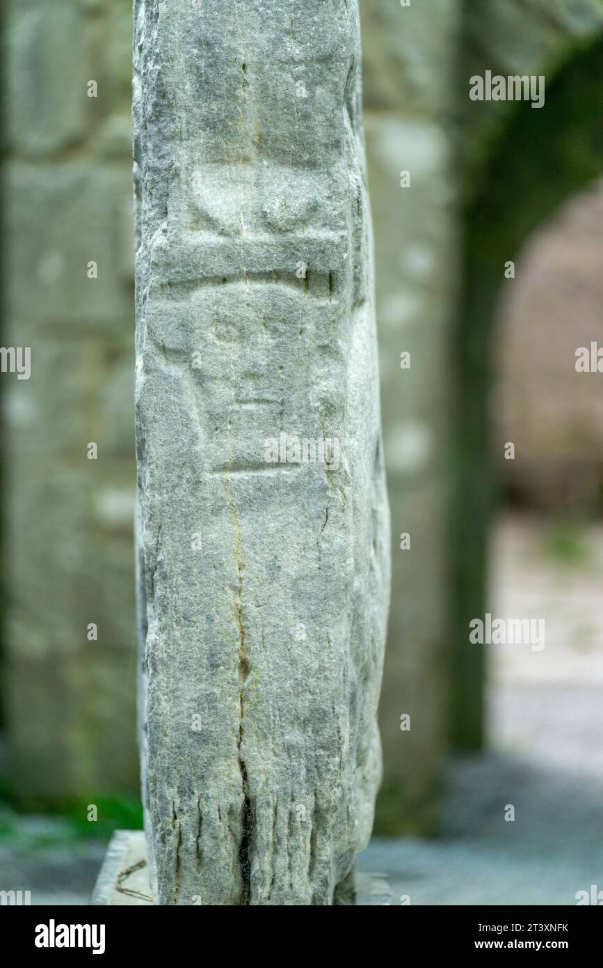 Testa scolpita in bassorilievo con orecchie sporgenti, Kilfenora Medieval Cathedral (Saint Fachtnanrsquo), Doorty Cross, The Burren, County Clare, Irlanda, Regno Unito. Foto Stock