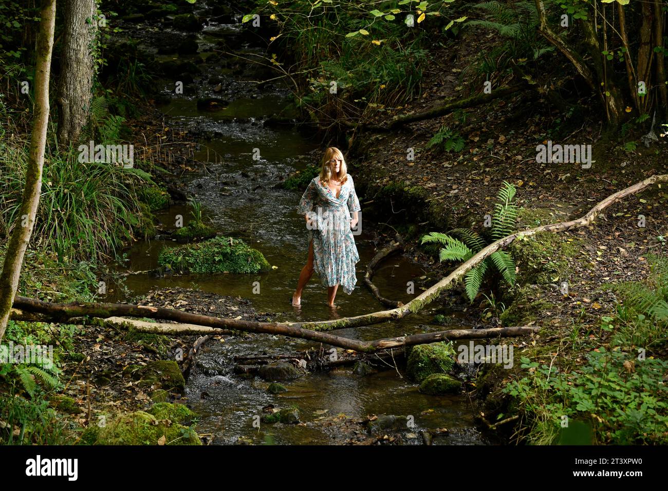 Donna che cammina lungo le fresche acque di un torrente in Inghilterra, Gran Bretagna, Regno Unito. Foto Stock