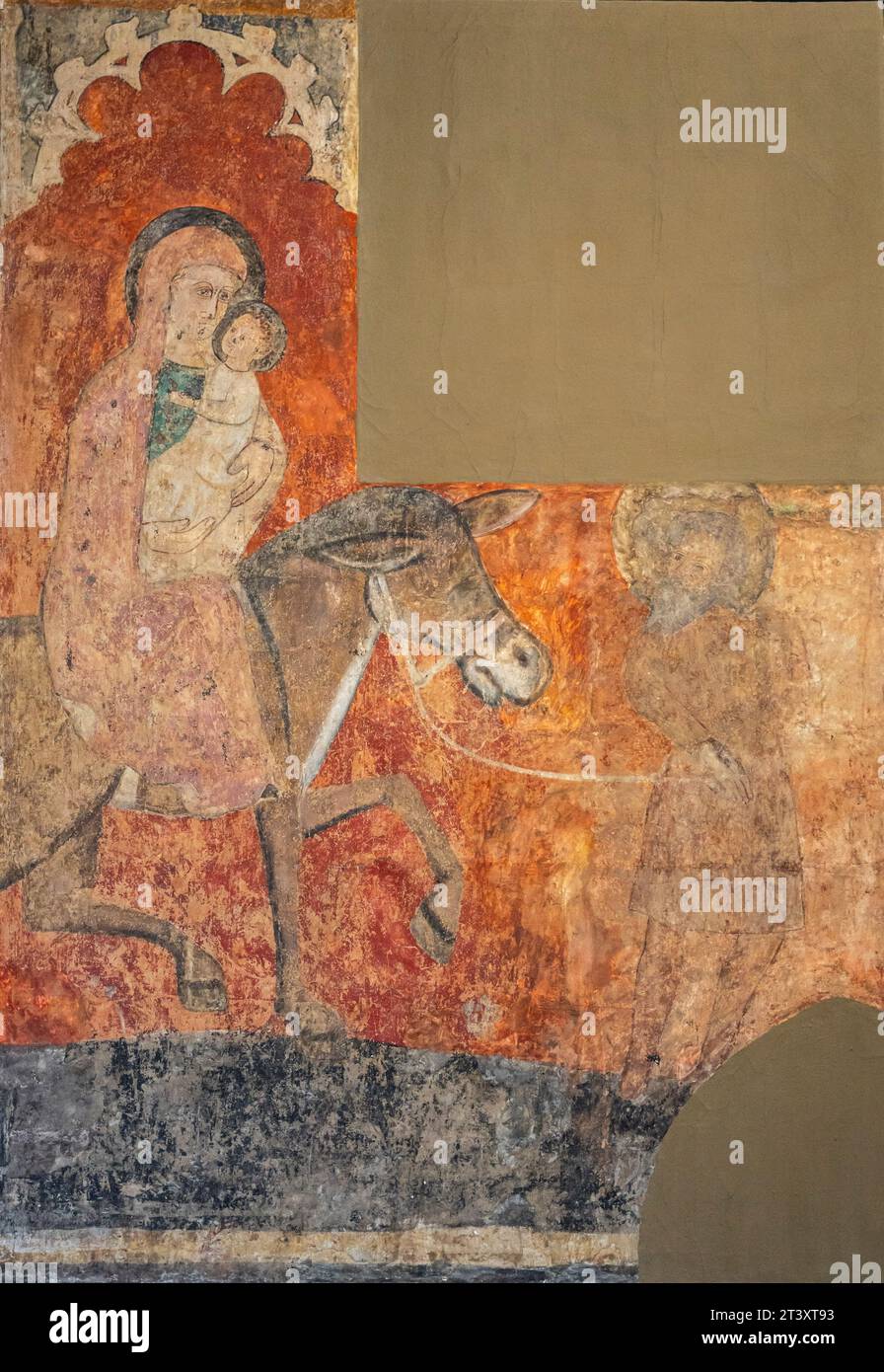 La fuga dall'egitto, pittura murale gotica, trecentesco, maestro di Gallipienzo, dall'abside della chiesa di Gallipienzo, Museo di Navarra, Pamplona, Navarra, Spagna. Foto Stock