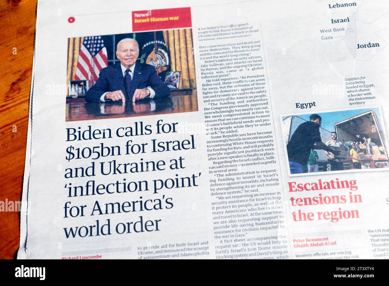 Joe 'Biden chiede 105 dollari per Israele e Ucraina al 'punto di inflessione' per il quotidiano americano 's World Order' Guardian, titolo 21 ottobre 2023 Londra Foto Stock