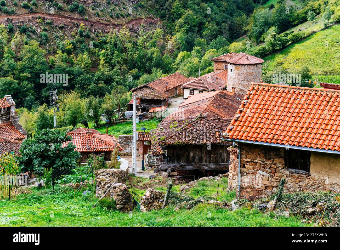 Il borgo medievale di Bandujo - Banduxu. Villaggio medievale in montagna. Bandujo, Proaza, Principato delle Asturie, Spagna, Europa. Foto Stock