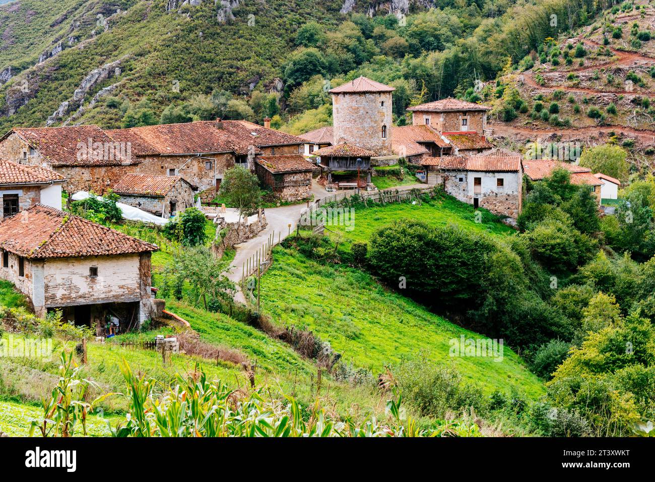 Il borgo medievale di Bandujo - Banduxu. Villaggio medievale in montagna. Bandujo, Proaza, Principato delle Asturie, Spagna, Europa. Foto Stock