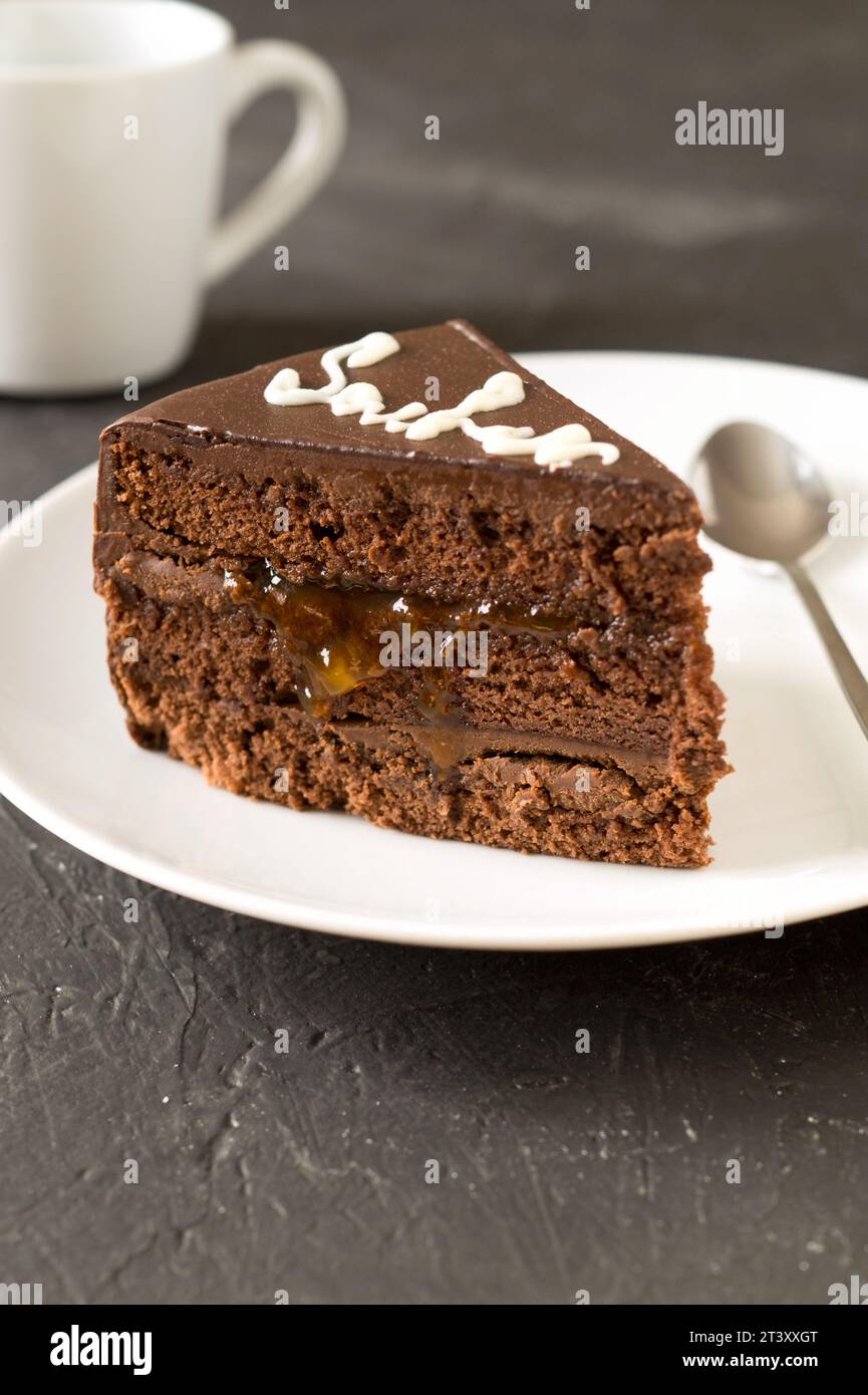 Fetta di torta Sacher con marmellata di albicocche. Delizioso dessert austriaco Foto Stock