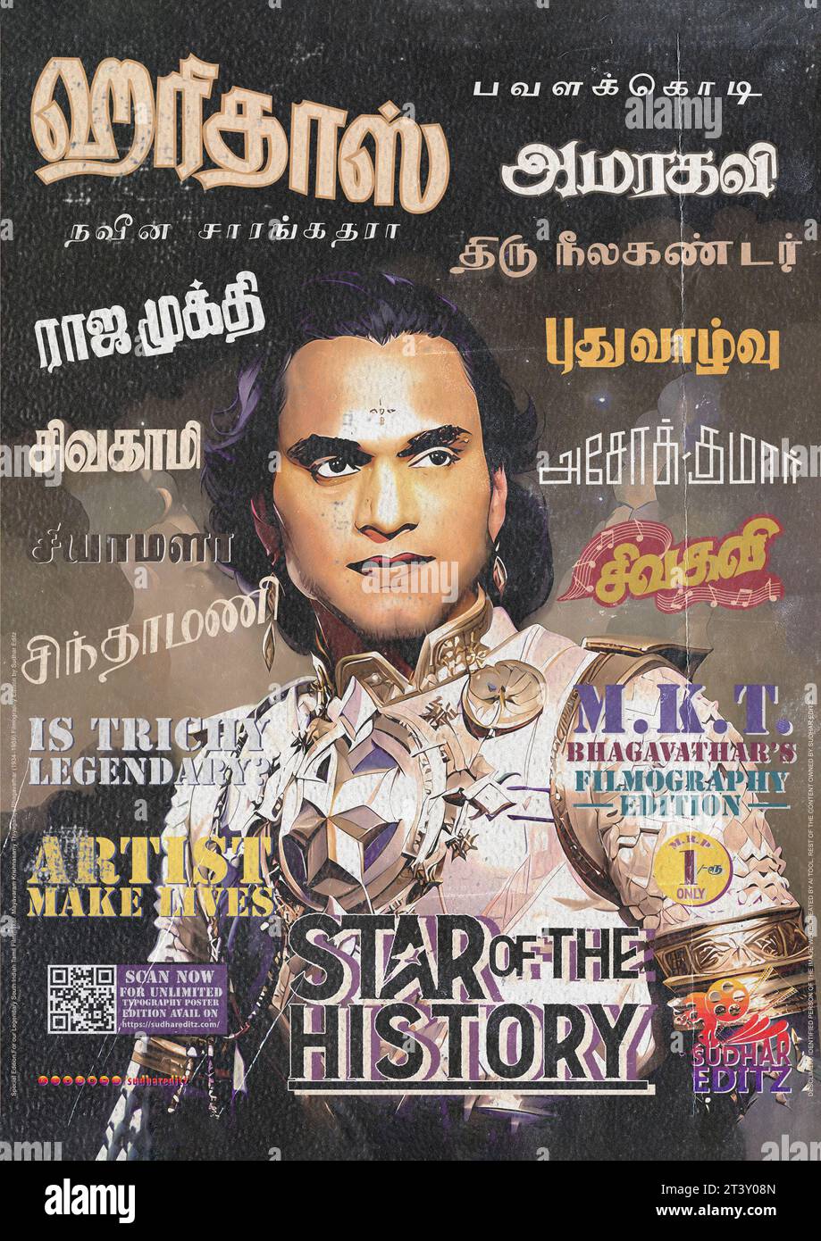 MK Thyagaraja Bhagavathar Tamil Kollywood Filmography and Typography poster Design di Sudhar Editz, Trichy Foto Stock