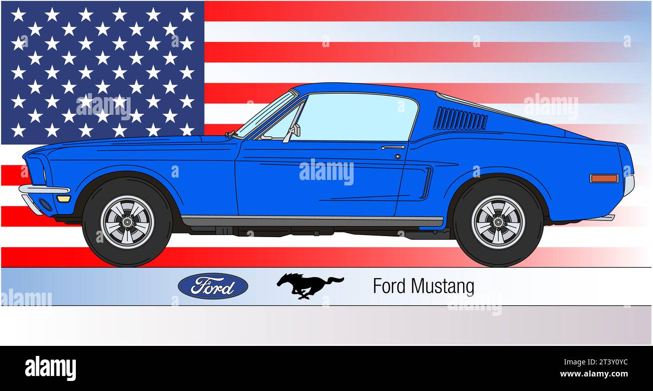 USA, anno 1968, auto d'epoca Ford Mustang, illustrazione colorata sulla bandiera degli Stati Uniti Foto Stock