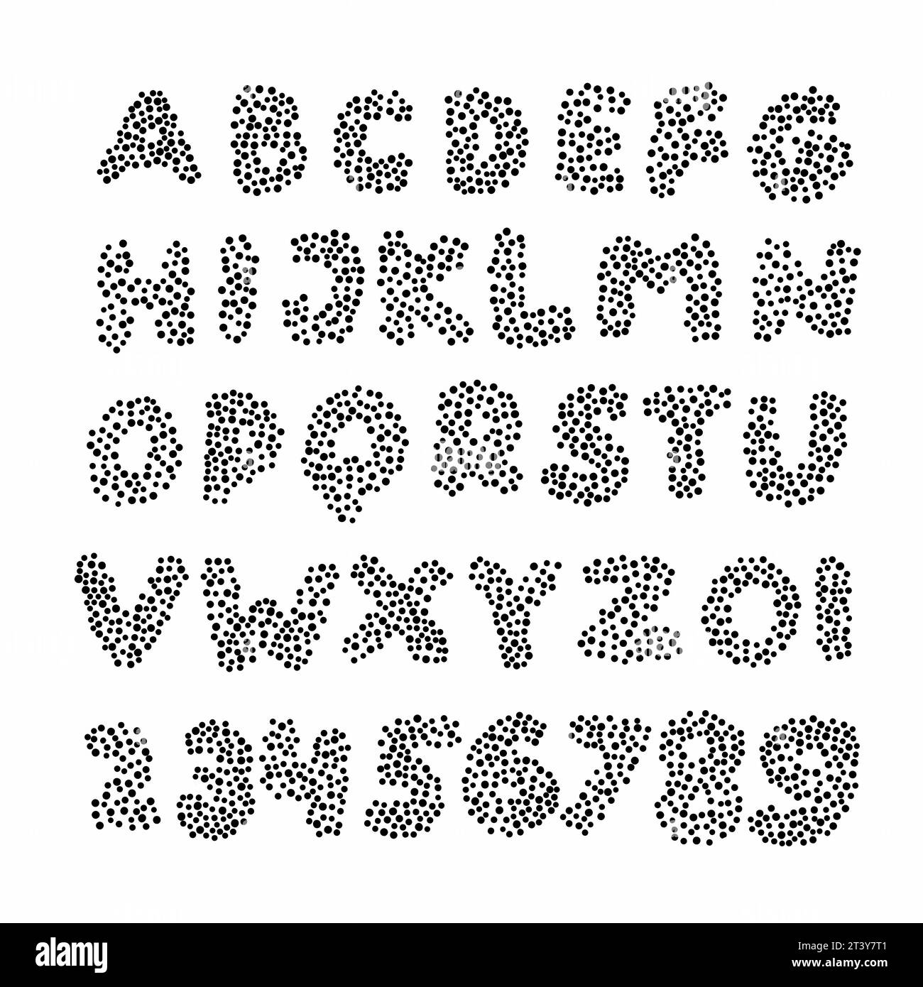 Alfabeto inglese nero abc caratteri latini Da A a Z e set di cifre da 0 a 9 composto da punti. Illustrazione vettoriale in stile doodle scritto a mano isolato su wh Illustrazione Vettoriale