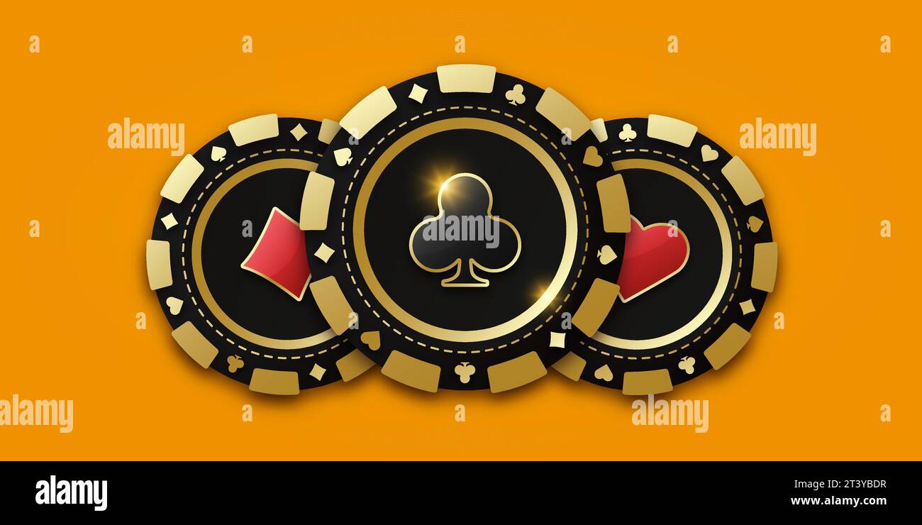 Trio di chip o gettone da gioco. Moneta da gioco con mazze da gioco. Chip da gioco realistico con la tuta dei club al centro, gettoni da gioco. Banner per Illustrazione Vettoriale