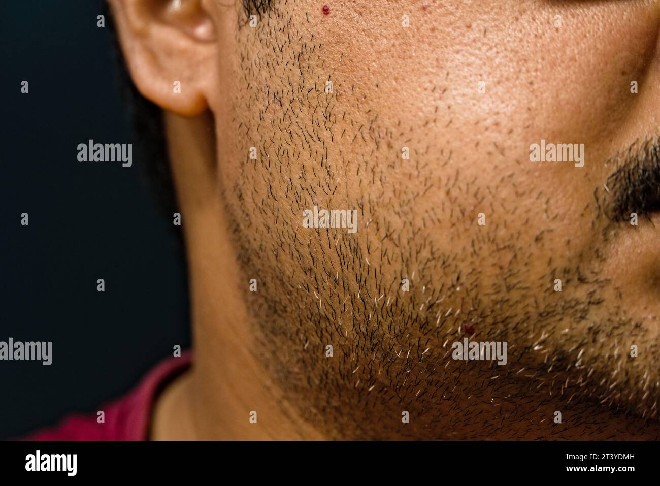 Vista laterale parzialmente sfocata del volto di un maschio indiano adulto Foto Stock