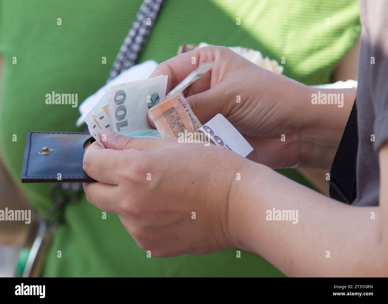 Sezione intermedia dell'uomo che tiene il portafoglio in mano e conta le banconote di carta Foto Stock