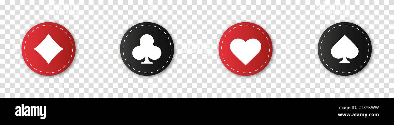 Cartelli da gioco simbolo di costume da gioco e patatine da gioco per poker e casinò. Mazzo di carte da gioco Vector Suit su un ba isolato trasparente Illustrazione Vettoriale
