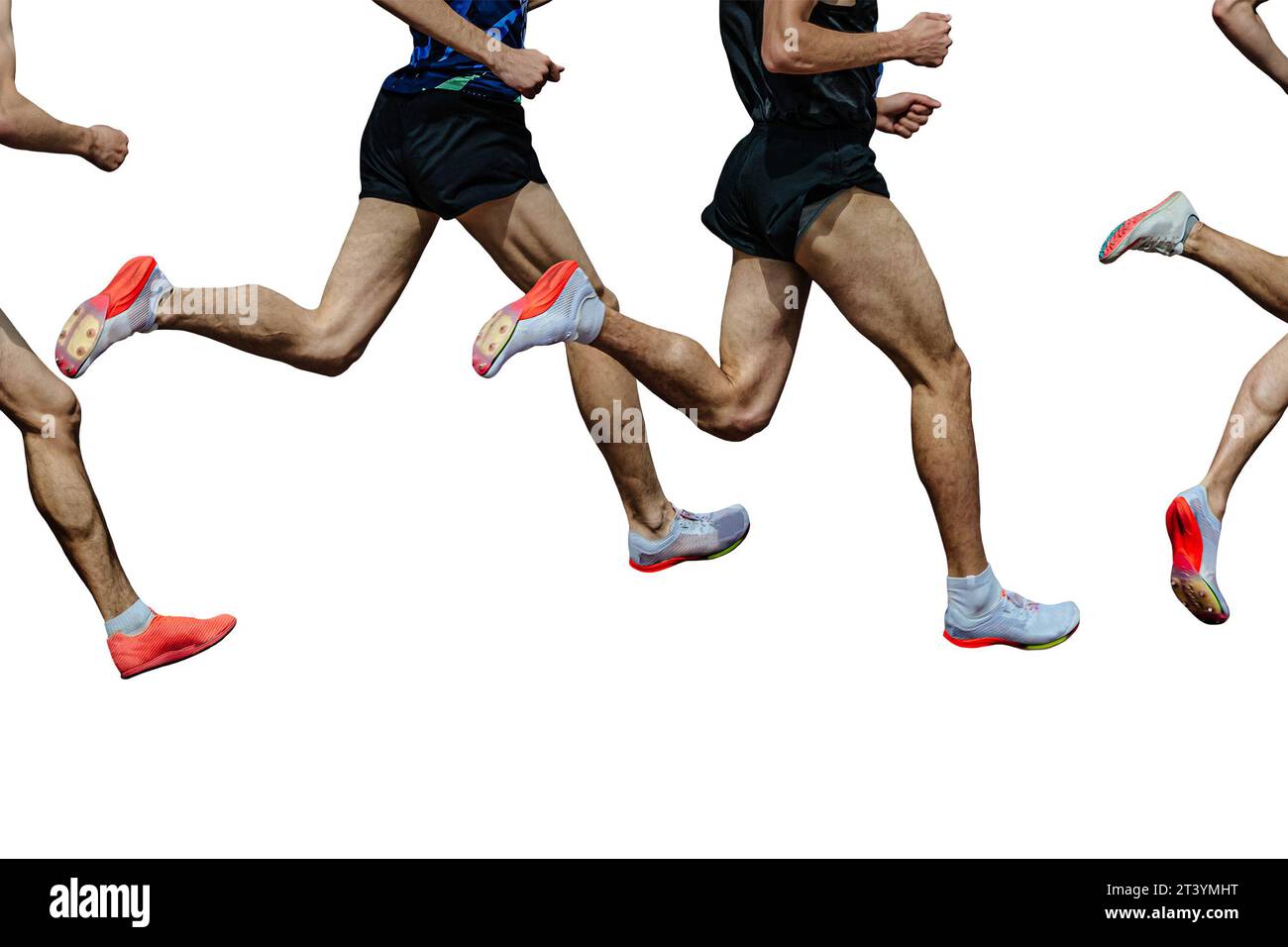 corridore maschile di gruppo che corre a media distanza allo stadio di atletica estiva isolato su sfondo bianco Foto Stock
