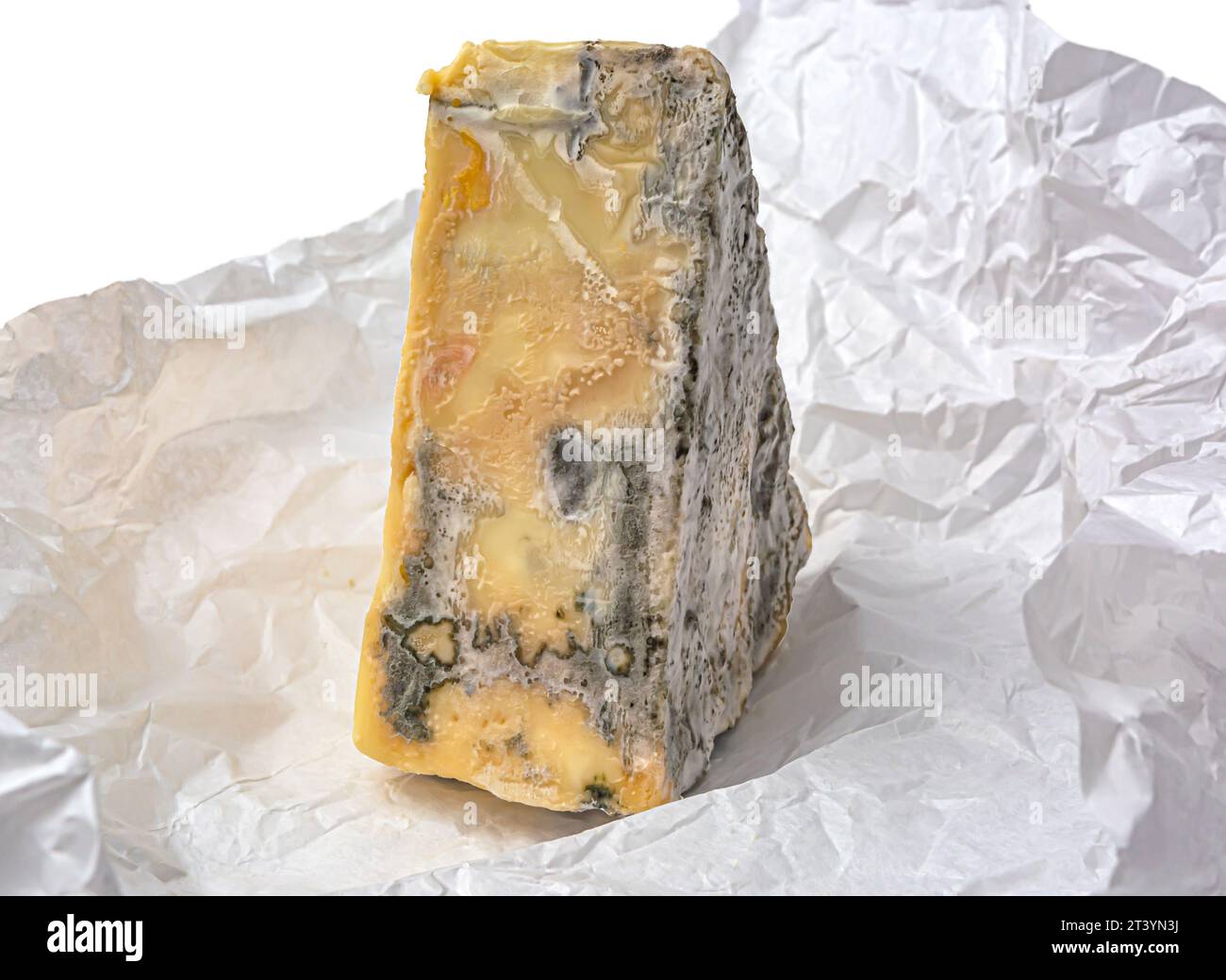 pezzo triangolare di formaggio con muffa su carta bianca a forma di primo piano Foto Stock