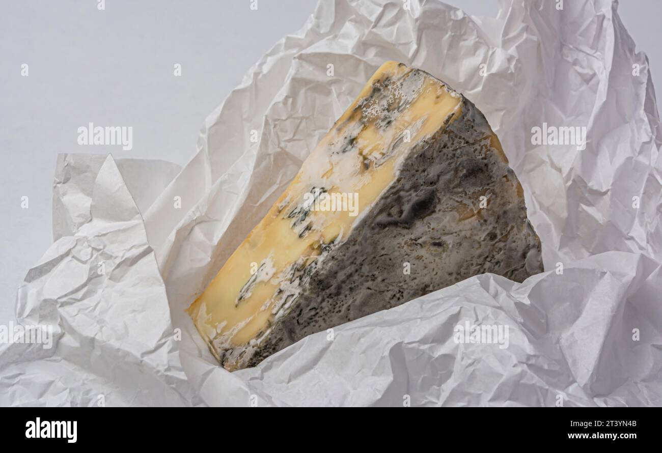 pezzo triangolare di formaggio con muffa su carta bianca a forma di primo piano Foto Stock
