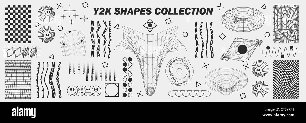 Geometrie astratte con struttura a reticolo forme e motivi, elementi cyberpunk, segni e griglie prospettiche. Segni retrò geometrici surreali. Rave futu psichedelico Illustrazione Vettoriale
