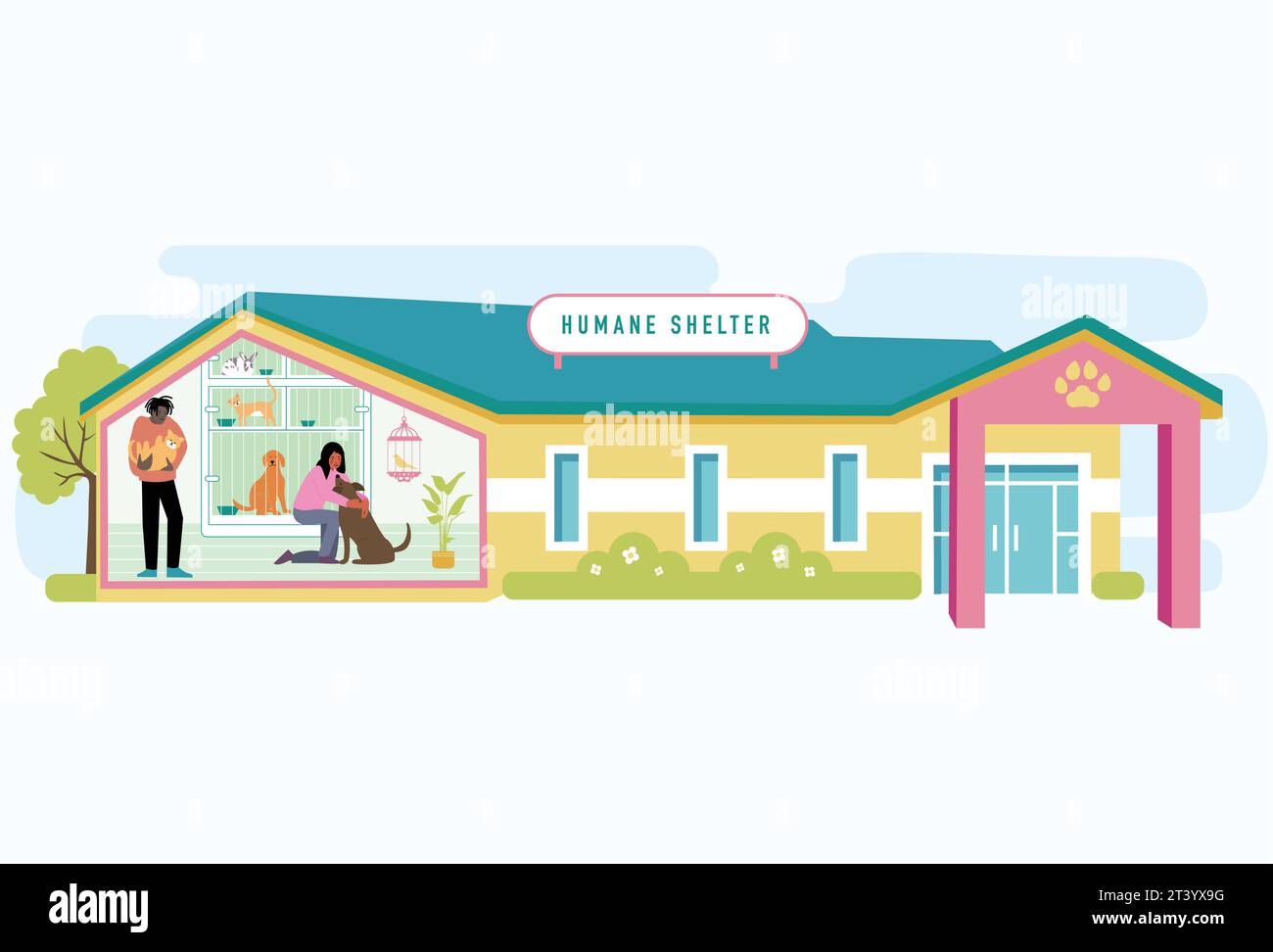 Le persone di Human Shelter cercano e scelgono Un nuovo animale domestico da adottare per la loro famiglia Illustrazione Vettoriale