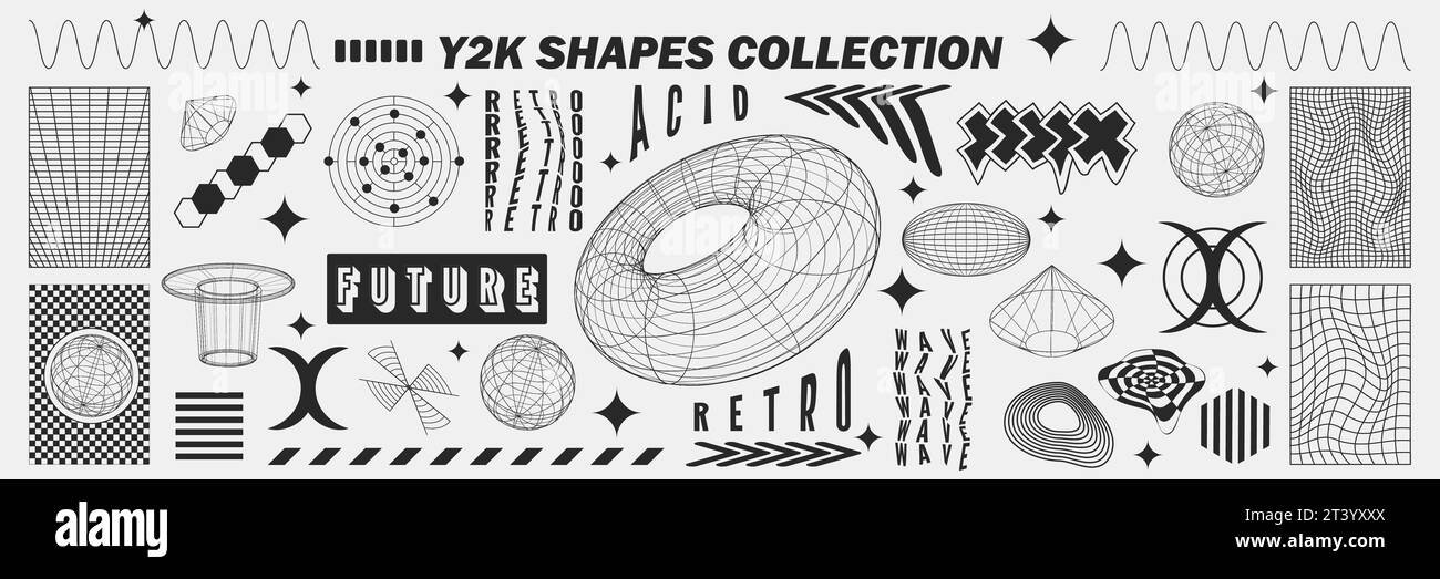 Geometrie astratte con struttura a reticolo forme e motivi, elementi cyberpunk, segni e griglie prospettiche. Segni retrò geometrici surreali. Rave futu psichedelico Illustrazione Vettoriale