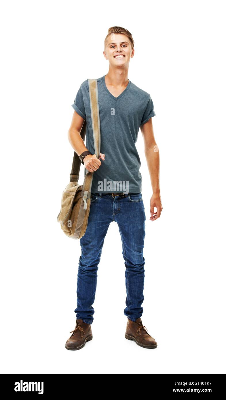 Università, istruzione o ritratto di studente o uomo felice con zaino pronto per l'apprendimento o lo studio. Borsa di studio, sorriso ed eccitante college maschile Foto Stock