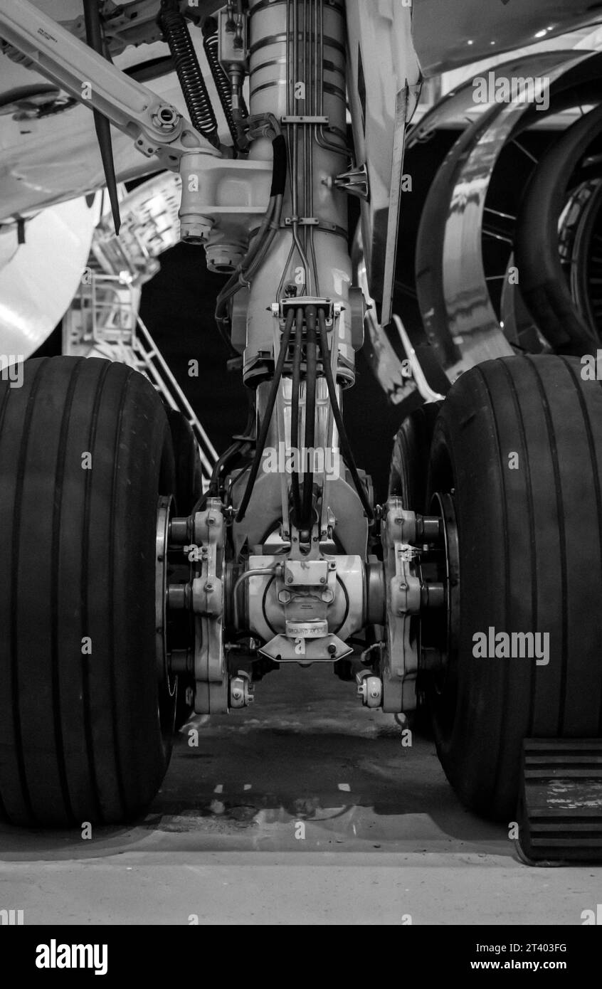 Primo piano del carrello di atterraggio di un velivolo parcheggiato e sostenuto all'interno dell'hangar. Foto in bianco e nero. Foto Stock