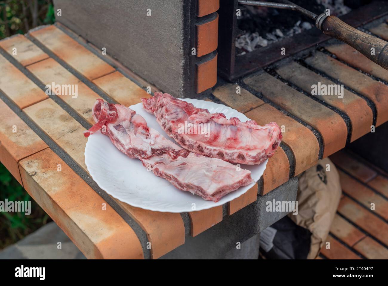 Piatto di costolette di maiale preparate per la cottura alla griglia. Carne fresca pronta per cucinare sul barbecue in mattoni del giardino Foto Stock