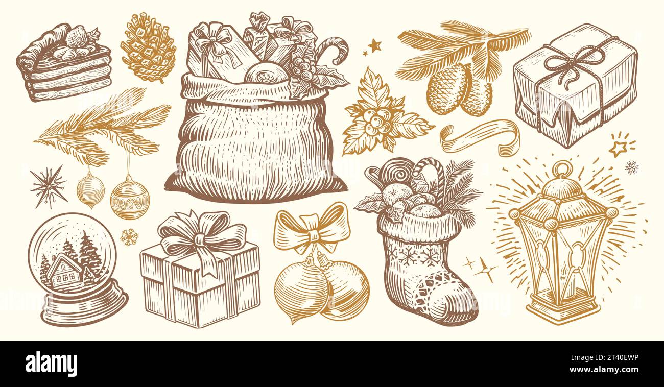 Natale e Capodanno. Set di elementi retrò disegnati a mano in stile schizzo. Illustrazione vettoriale vintage Illustrazione Vettoriale