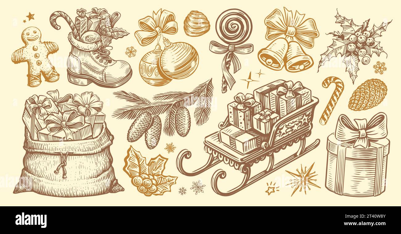 Set di oggetti retrò per Natale e Capodanno. Happy Holiday in stile sketch. Illustrazione vettoriale vintage disegnata a mano Illustrazione Vettoriale