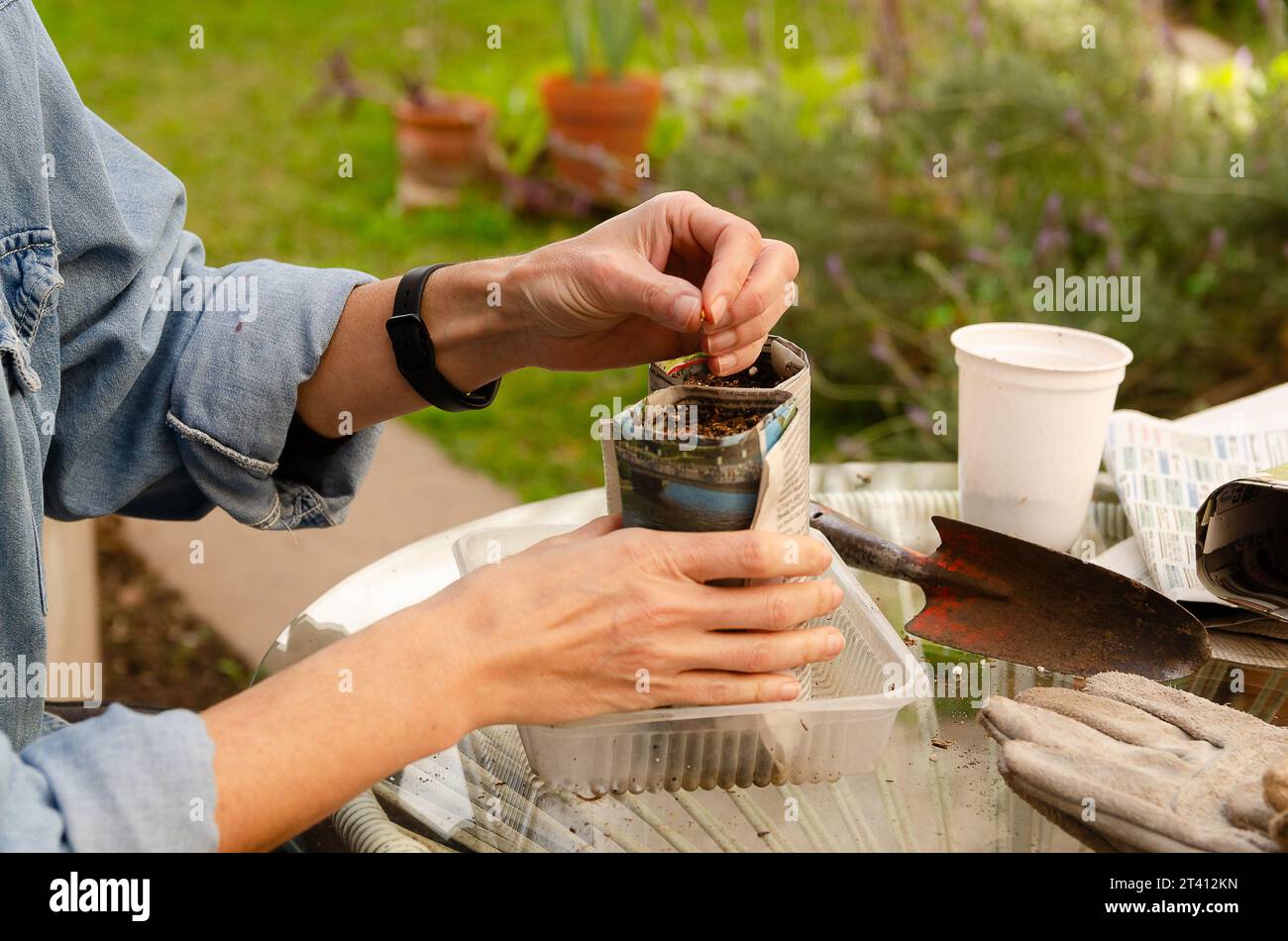 Giardinaggio con materiale riciclato. Una donna che semina semi in vasi fatti di fogli di giornale in giardino. Foto Stock