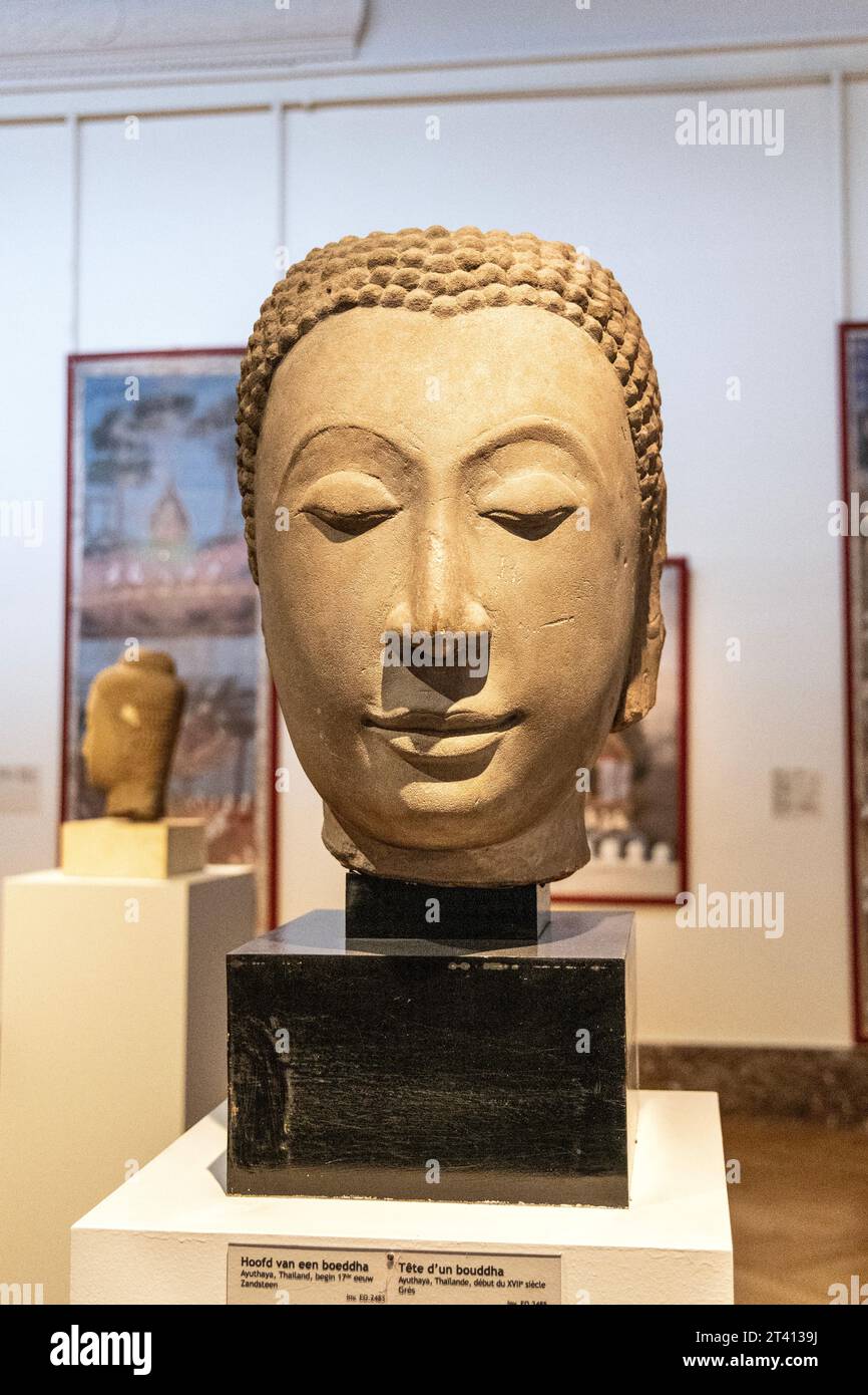 Testa di un Buddha fatto di arenaria, Ayuthaya, inizio XVII secolo, Musei reali di Arte e storia, Bruxelles, Belgio Foto Stock