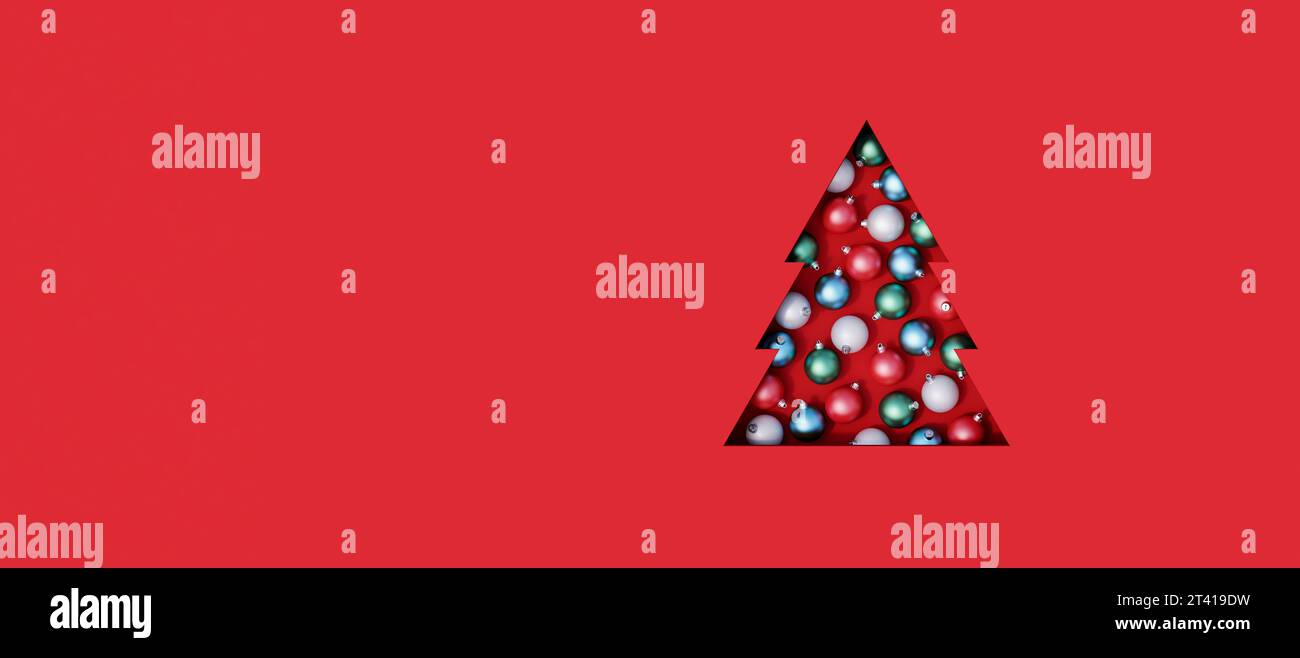 Albero di Natale tagliato su sfondo rosso e riempito di palline di Natale colorate 3d rendering illustrazione 3D. Foto Stock