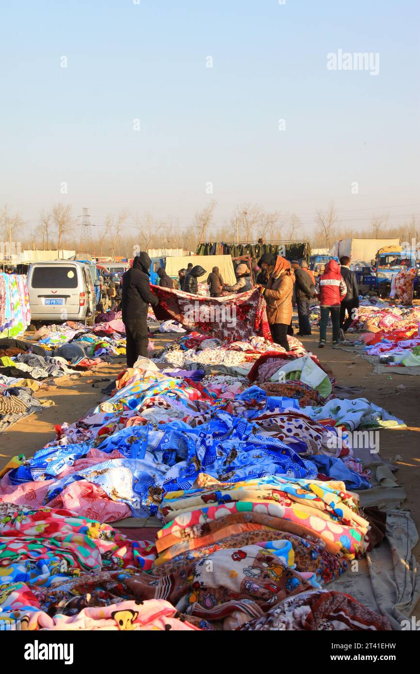 CONTEA DI LUANNAN - GENNAIO 28: Il cliente e il venditore in contrattazione, davanti a una stalla, il 28 gennaio 2014, contea di Luannan, provincia di Hebei, Cina. Foto Stock