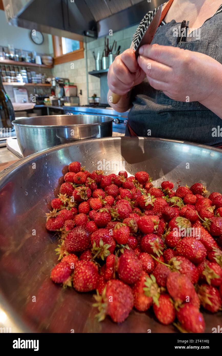 Chef che taglia fragole fresche al Minam River Lodge, Oregon. Foto Stock