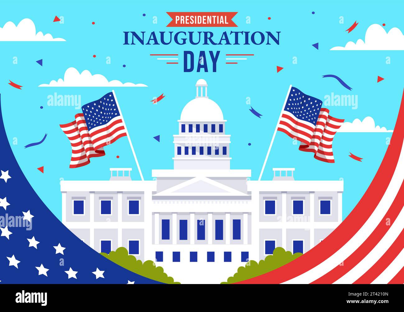 USA Presidential Inauguration Day Vector Illustration il 20 gennaio con il Campidoglio di Washington D.C. e la bandiera americana in background Design Illustrazione Vettoriale