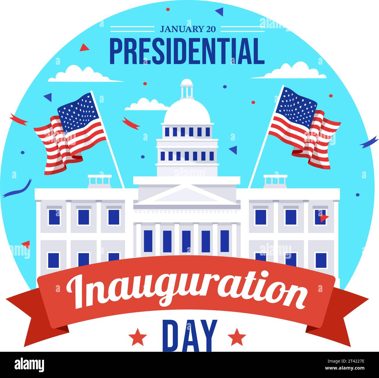 USA Presidential Inauguration Day Vector Illustration il 20 gennaio con il Campidoglio di Washington D.C. e la bandiera americana in background Design Illustrazione Vettoriale